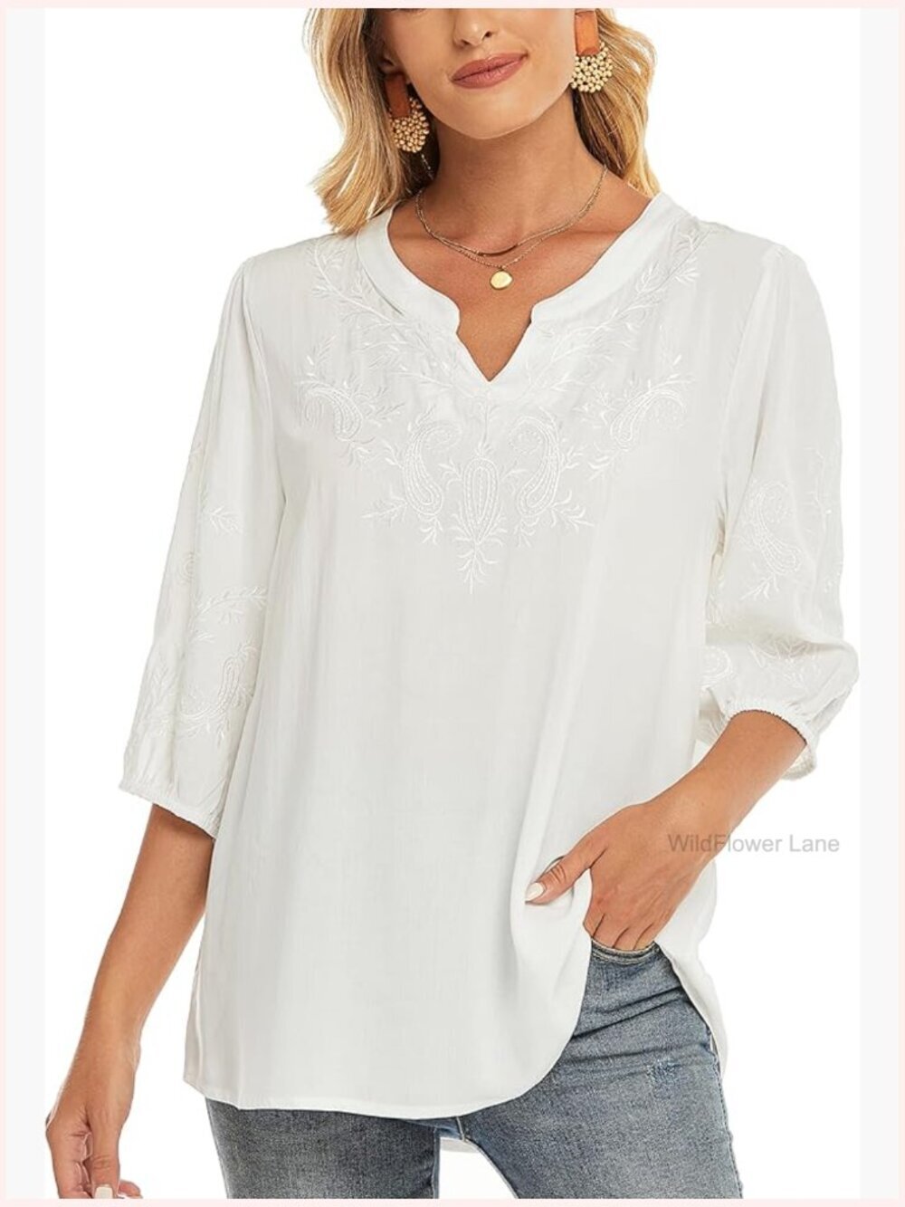 Embroidered V-Neck Tunic Top, Loose Fit Blouse, Rayon, Long Sleeve